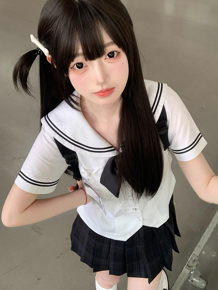 Black Pleated 42CM JK Pattern Uniform Plaid Skirt