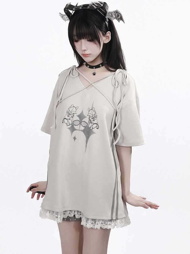 Summer Light Gray Cartoon Print V-Neck Top with Ties and Lace - PINK SAVIOR