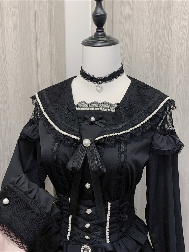 Anhängerbesatz Bluse Spitze mit Jirai Kei Schwarz/Weiß Matrosenkragen Cutout Choker Schulter Herz