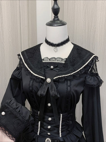 Anhängerbesatz Bluse Spitze mit Jirai Kei Schwarz/Weiß Matrosenkragen Cutout Choker Schulter Herz