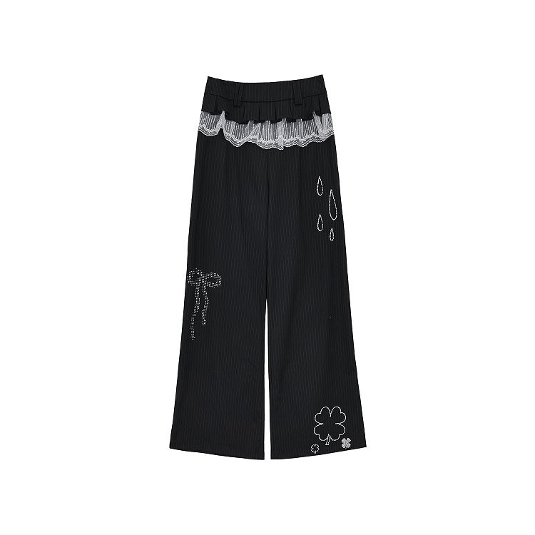 Black Wide-Leg Lace Raindrop and Trim with Clover Pants Rhinestone