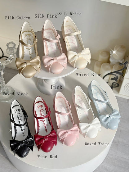 Blue Mid Block Heel Mary Janes in Classic Lolita with Bow at Top & Round Buckle