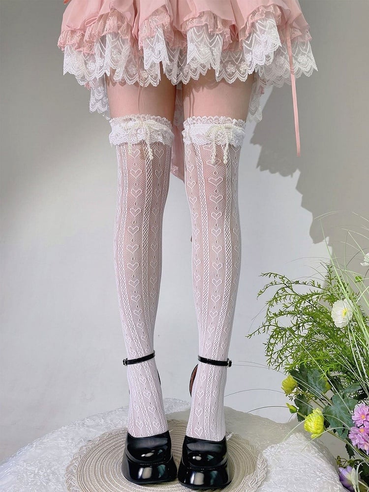 Style Lolita (Color: Pearl-Bow White) Stockings Heart Lace