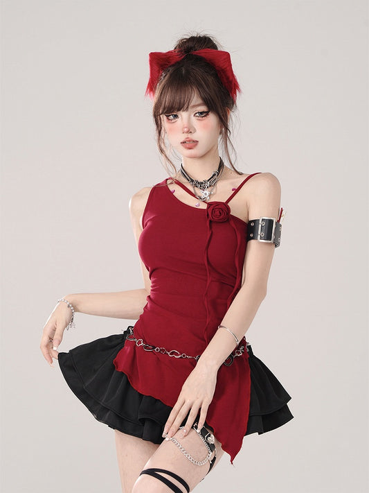 Asymmetrical Shoulder Sleeveless Top with Rose Accent Red