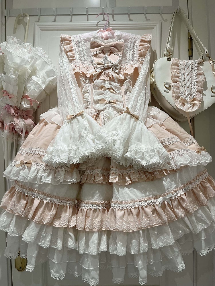Accents Layered Light Hime Sleeves Ruffle Pink White Dress Lolita Bow with Bell