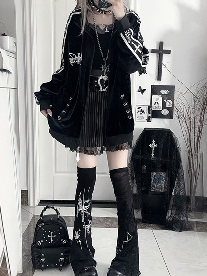 Tape Sleeve Tracksuit Gothic Cross Velvet Print TextBack Jacketwith Black