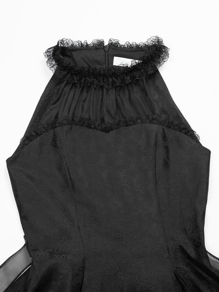 Panels Illusion Rosette Alle Jacquard Stoff Neckholder Prom Schwarz Kleid Hals Spitze