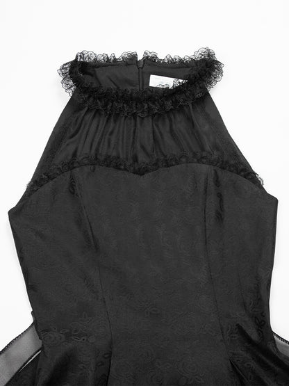 Panels Illusion Rosette Alle Jacquard Stoff Neckholder Prom Schwarz Kleid Hals Spitze