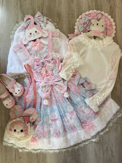 Pink with Sweet Cat Fur Trim Bow Print Accents Lolita Hem and Dress