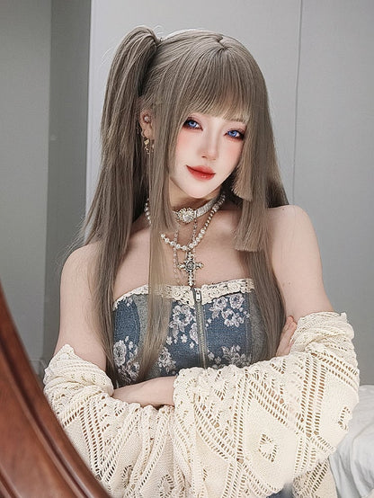 ライトブラウン姫カットロングストレート合成ウィッグ