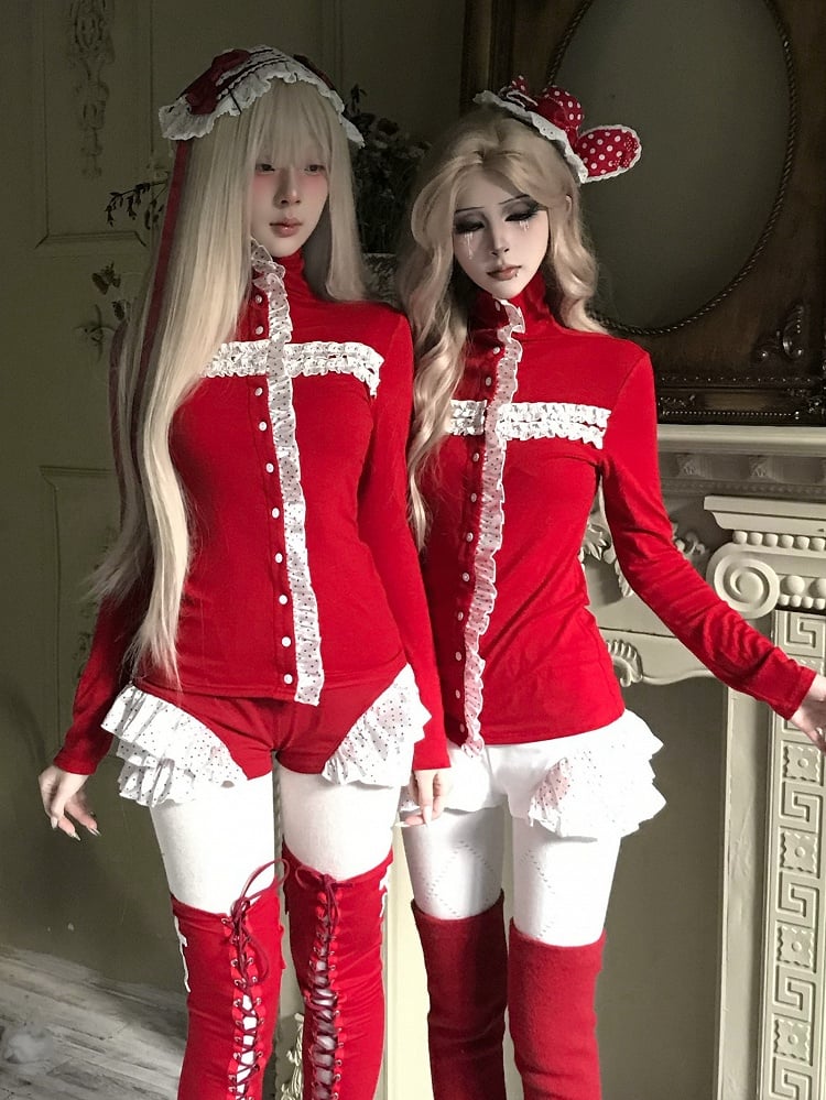 Front Polka Ruffled White Sleeves Red Gothic High-Neck - Top Christmas Cross Dot Button Long