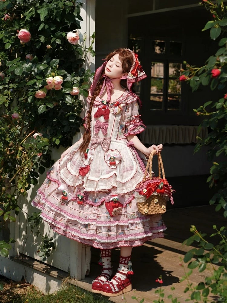 Cottagecore Lolita Woven Tote Bag with Cherry Flowers - DrunkCoco