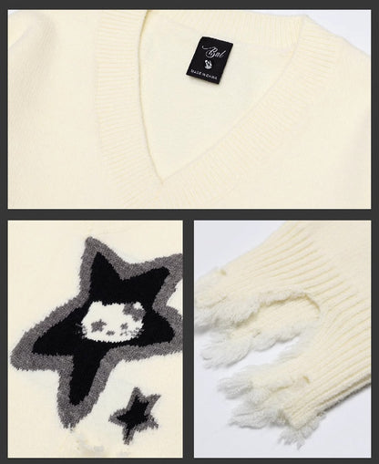 アプリコットキティとスターのディストレストリムVネックセーター