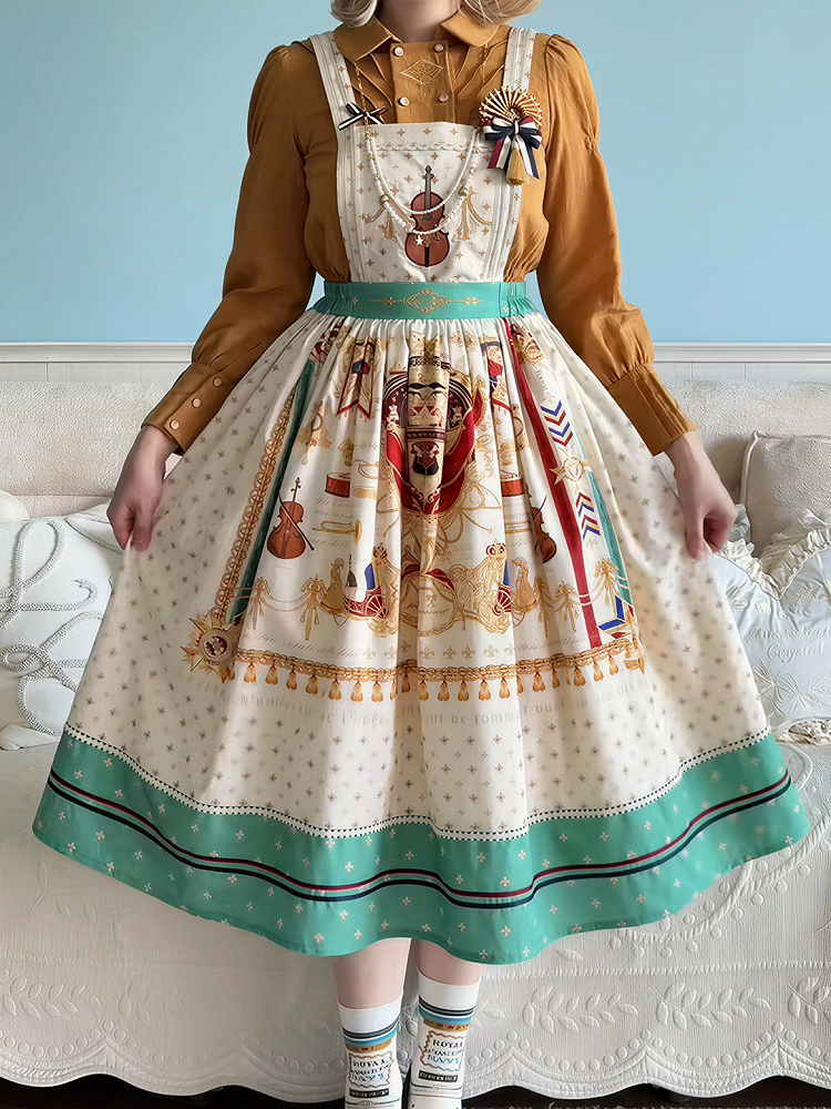 White Musical Print Overall Dress with Detachable Straps - Crucis Universal Tailor Company