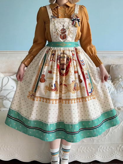 White Musical Print Overall Dress with Detachable Straps - Crucis Universal Tailor Company