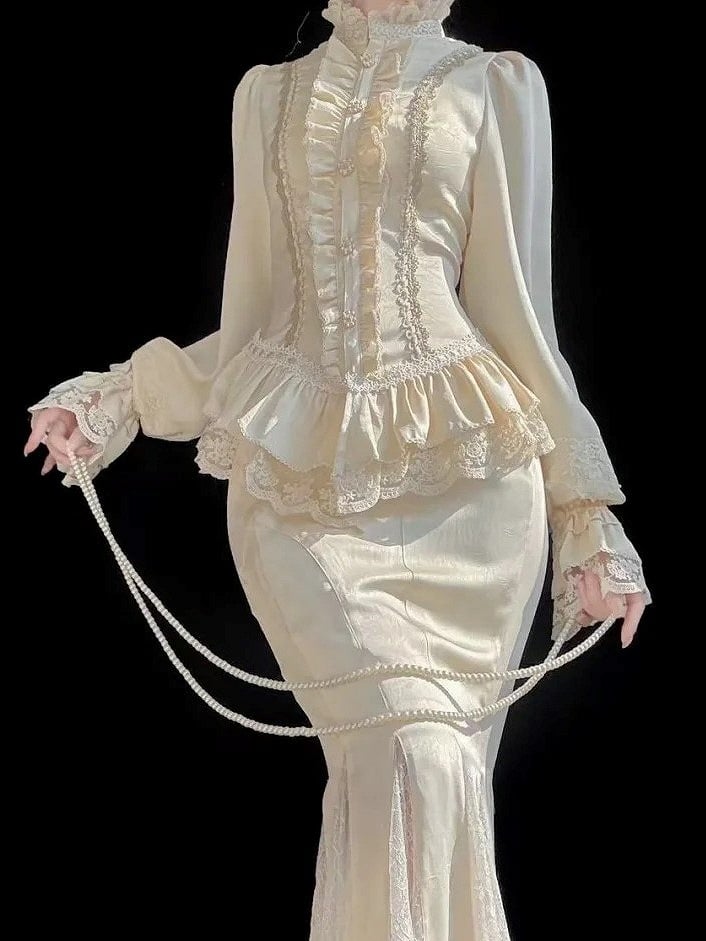 Trim Long Sleeves Ruffled Apricot Lace Classic Elegant with Lolita Blouse