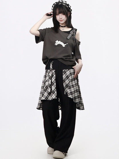Gray Asymmetrical T-Shirt with Leopard Print and Buckle Strap - PINK SAVIOR