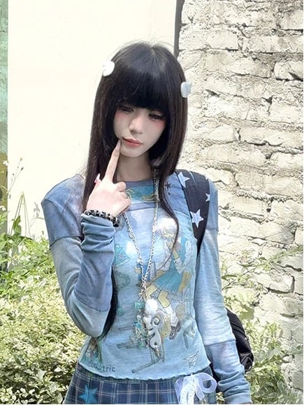 Neck Print with Top Blue Round Cartoon