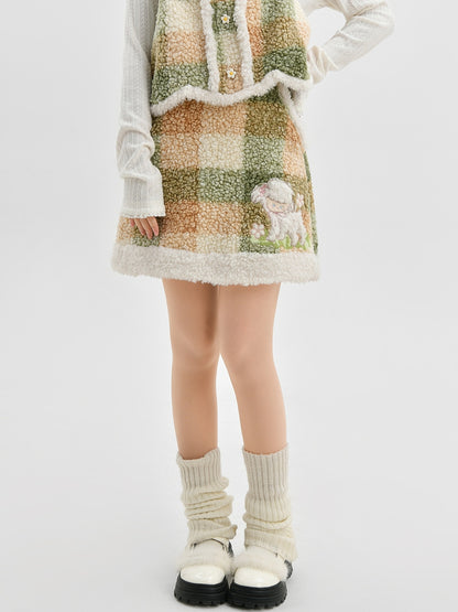 Green Cute Lamb Applique Plaid Fleece Skirt with Pockets