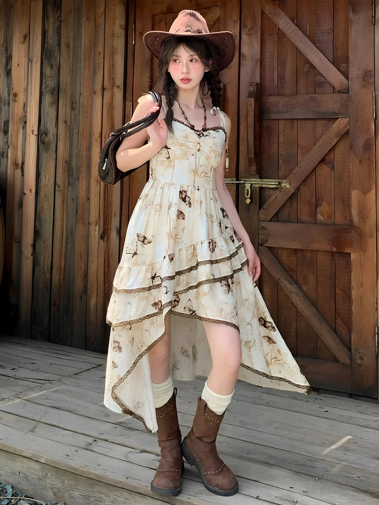 Vintage Butterfly Print Handkerchief Hem Dye Apricot Tie Spaghetti Strap Dress