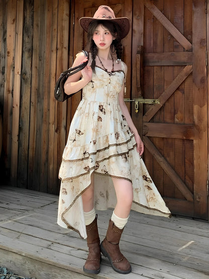 Vintage Schmetterlingsdruck Taschentuch Saum Farbstoff Apricot Krawatte Spaghettiträger Kleid