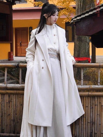 in Style Beige Chinese Coat Vent Design Unisex Front Buttoned Scarf Side Set with