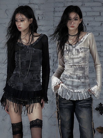 トリムスターレースウェイストランドパンクスタッド装飾ブラックグレー/ベージュTシャツと