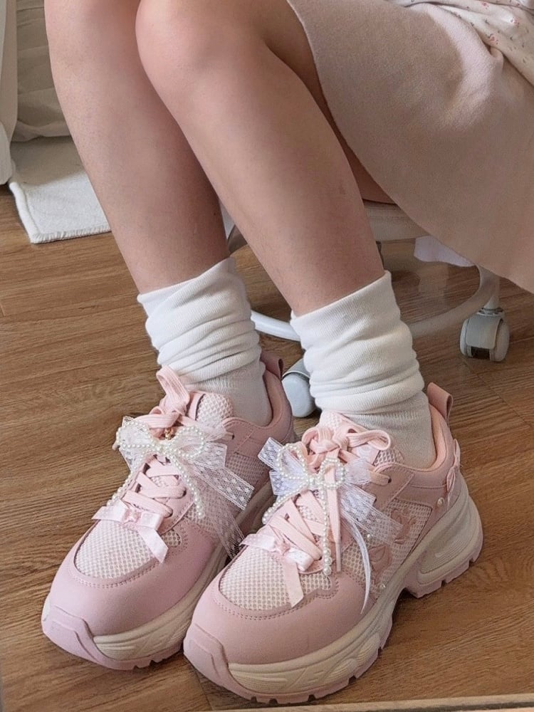 Front Lace-up Details Ties Sneakers Bowknot Decorated Beaded Pink