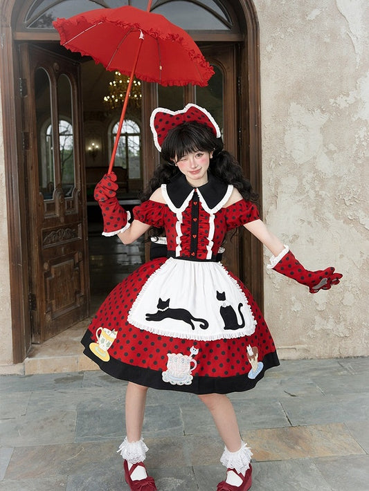Polka Dot Red & Black Lolita Gown with Apron and Cat Motif - Rock Candy Box