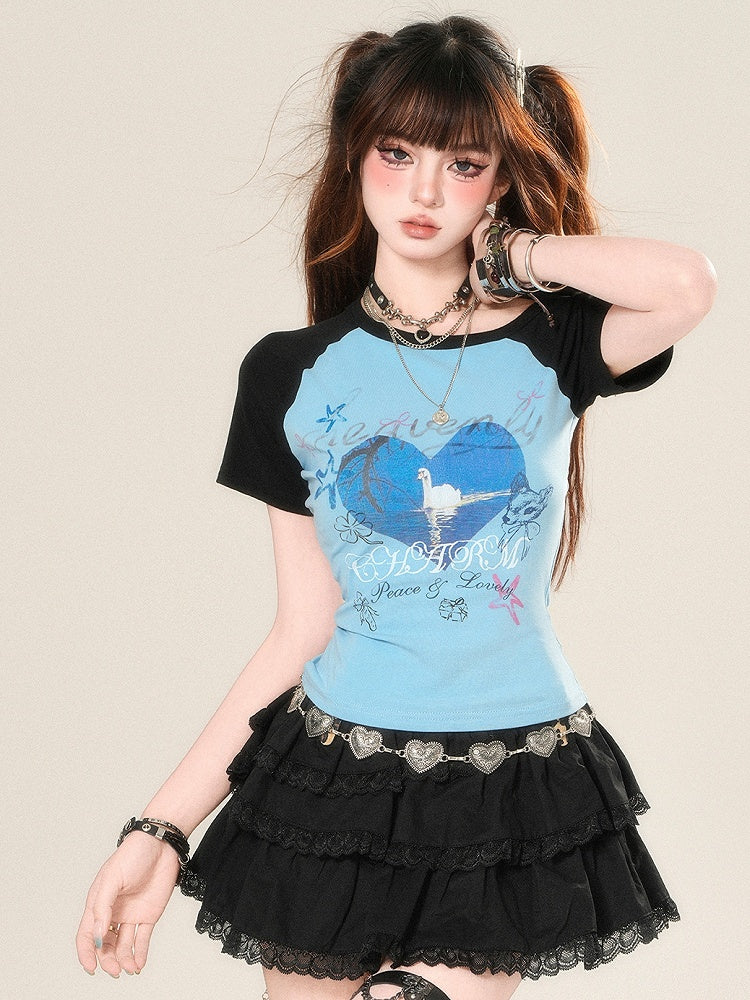 Print T-shirt Glamorous Bittersweet And Letter Animal Heart Blue
