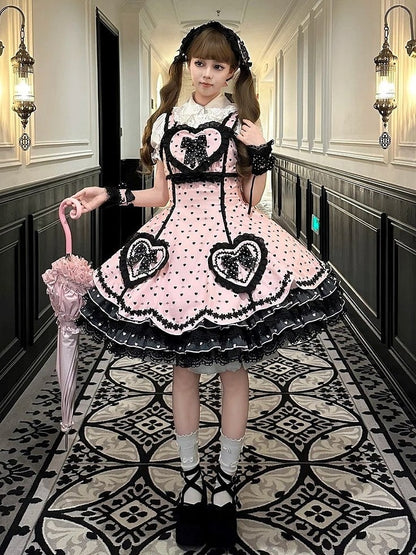 Sweet Lolita Pink Dress Heart Bows and Black Lace-Trimmed Motifs with