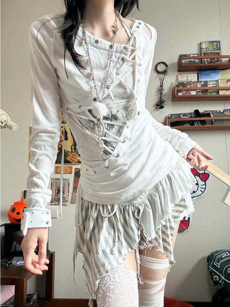 White Asymmetrical Cut Long Sleeve Top with Lace-Up Details - Blazed Field