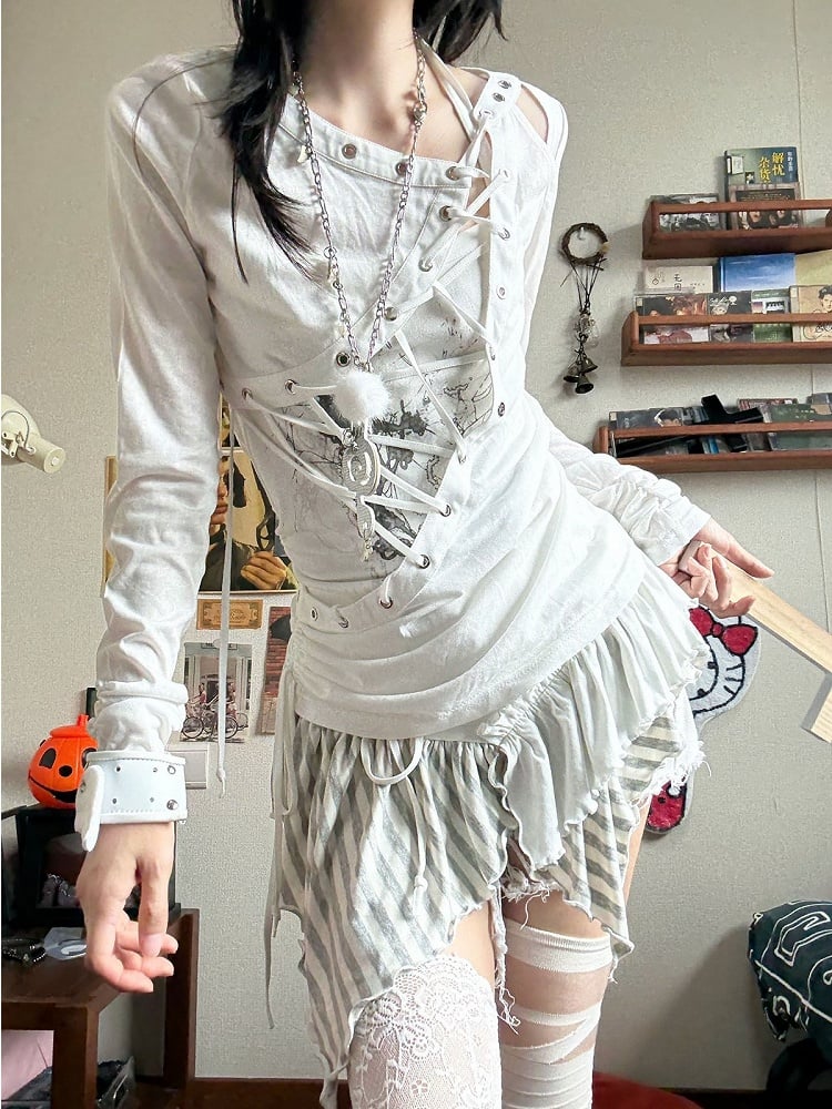 White Halter Top with Printed Pattern & Asymmetrical Hem - Blazed Field