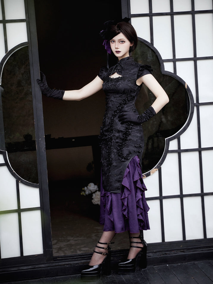 Kaskadierende schwarze Vibes Qipao-Besatz Jacquard Lila Lolita-Kleid Qi Saum Cthulhu Rüschen
