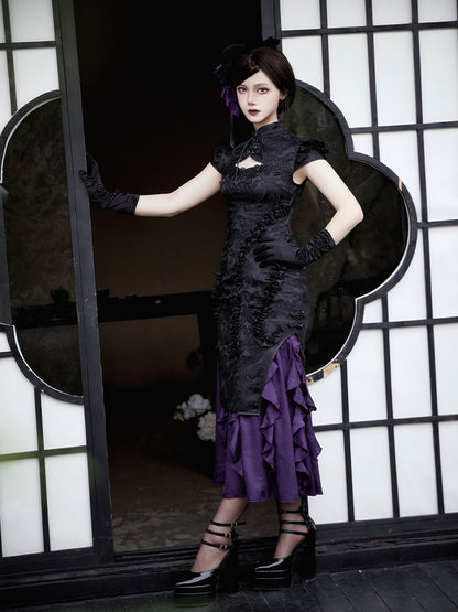 Kaskadierende schwarze Vibes Qipao-Besatz Jacquard Lila Lolita-Kleid Qi Saum Cthulhu Rüschen