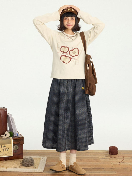 Kawaii Apple Shirt Sleeve Print Beige Long