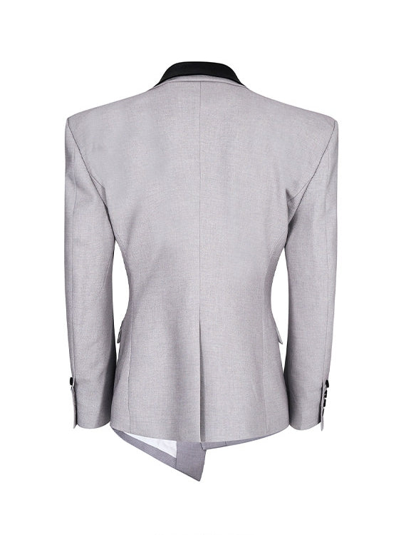 Men's Waist-defining Blazer Detachable Collar Structured Silhouette Shoulder Gray - with Leather