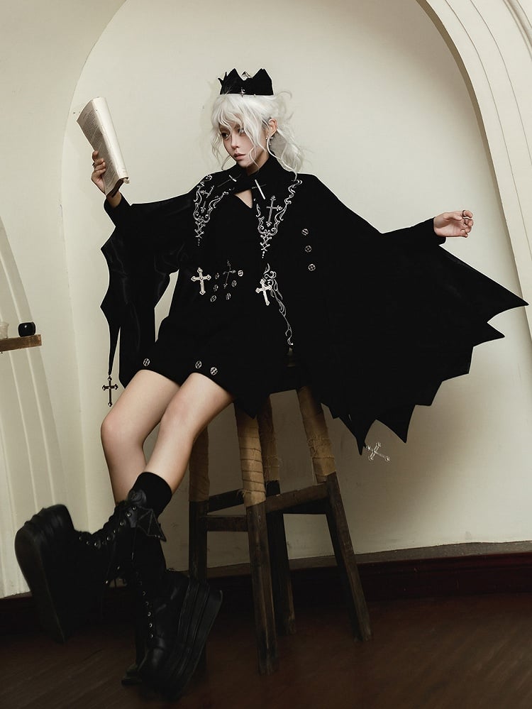 Hem Sleeves Cross Shorts Black Ouji Lolita Curved + Embroidery Bat-Wing Cape Long Top Gothic