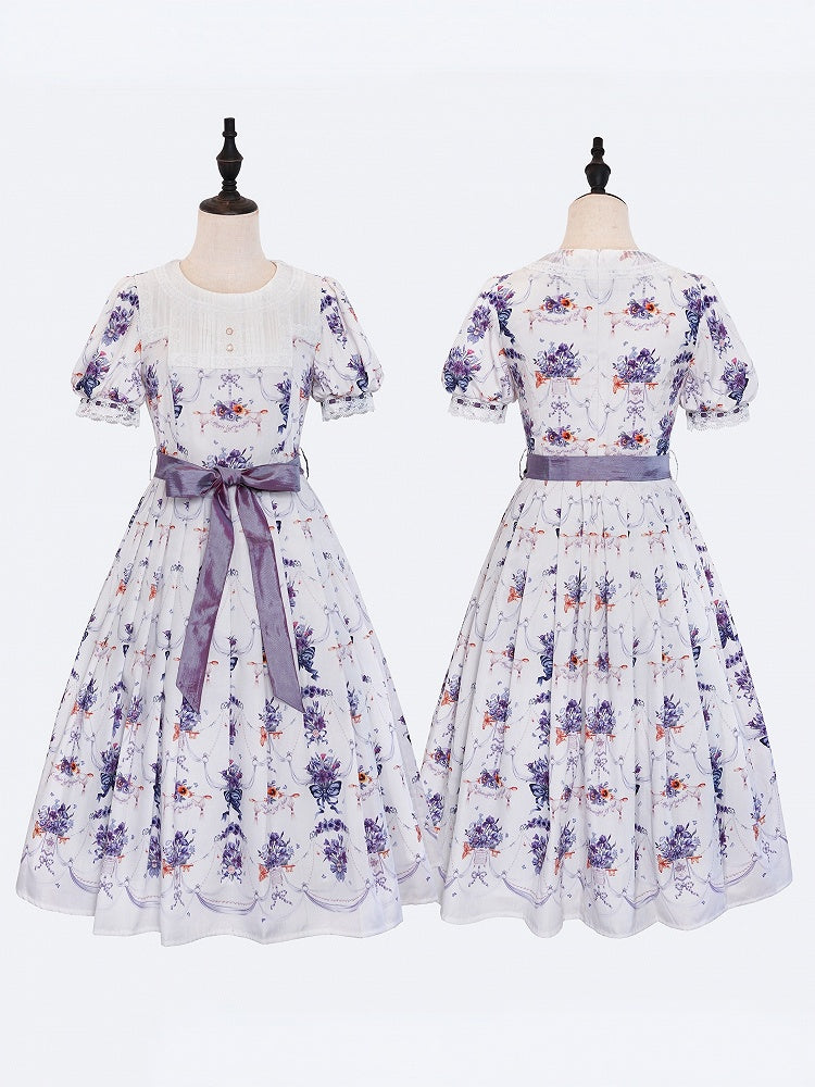 White-Purple Pansy Print Pleated Elegant Lolita OP Gown