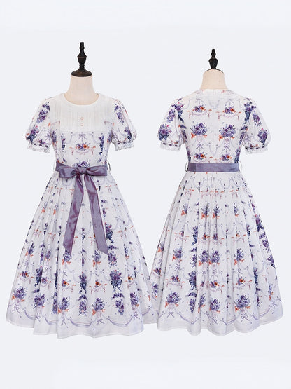 White-Purple Pansy Print Pleated Elegant Lolita OP Gown