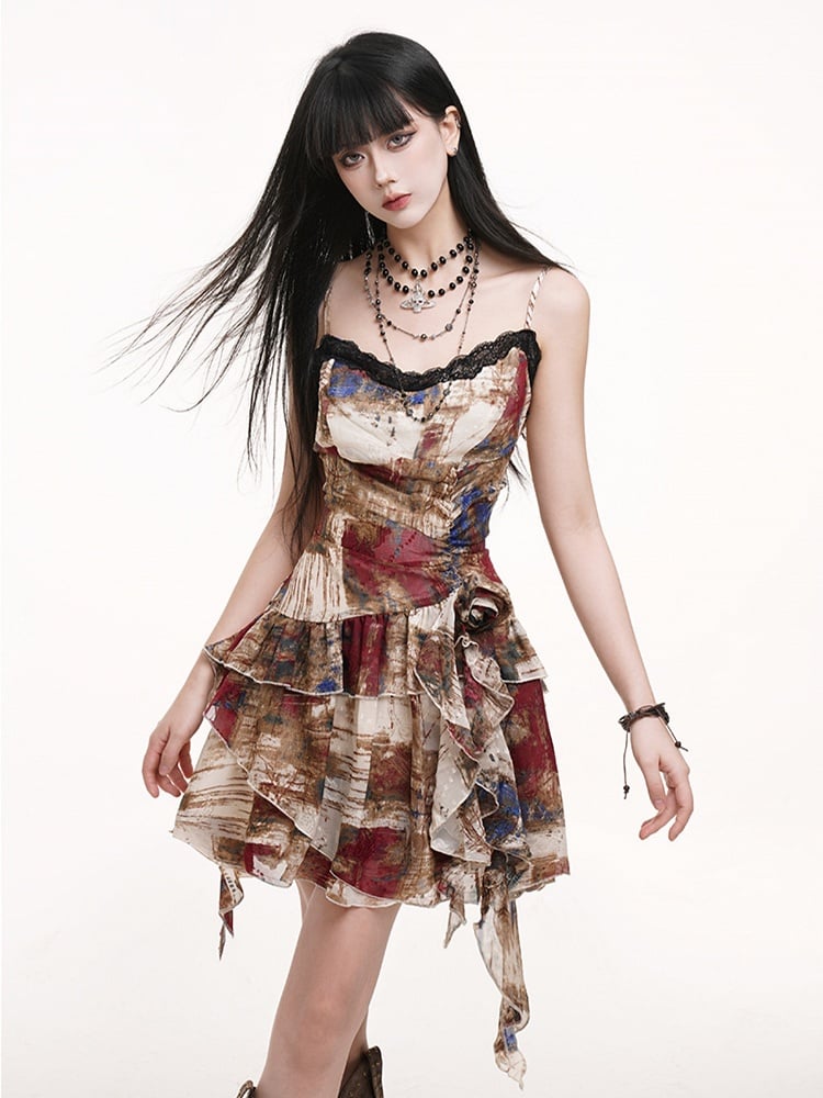 Gothic Cascading Multicolor Asymmetric Waist with Slip Ruffles Rose Hem Dress