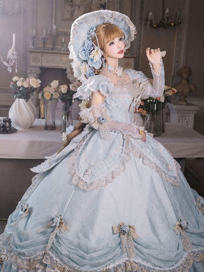 Light Blue Off-Shoulder Hime Lolita Gown - Layered Lace Princess Dress