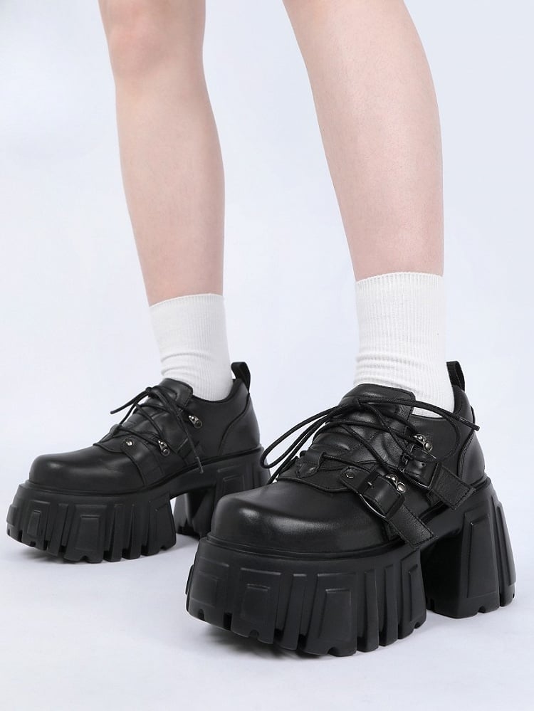 Buckle Shoes Black with Closure Lace-up Details Platform