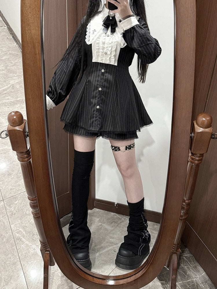 Kei Black Set: Jirai Striped Dress with Cross 3-Piece Embroidered Pointed Collar