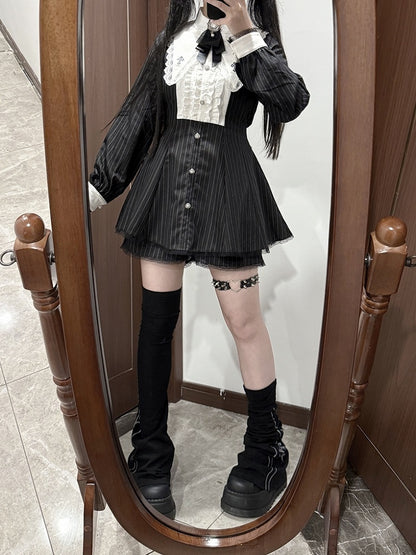 Kei Black Set: Jirai Striped Dress with Cross 3-Piece Embroidered Pointed Collar