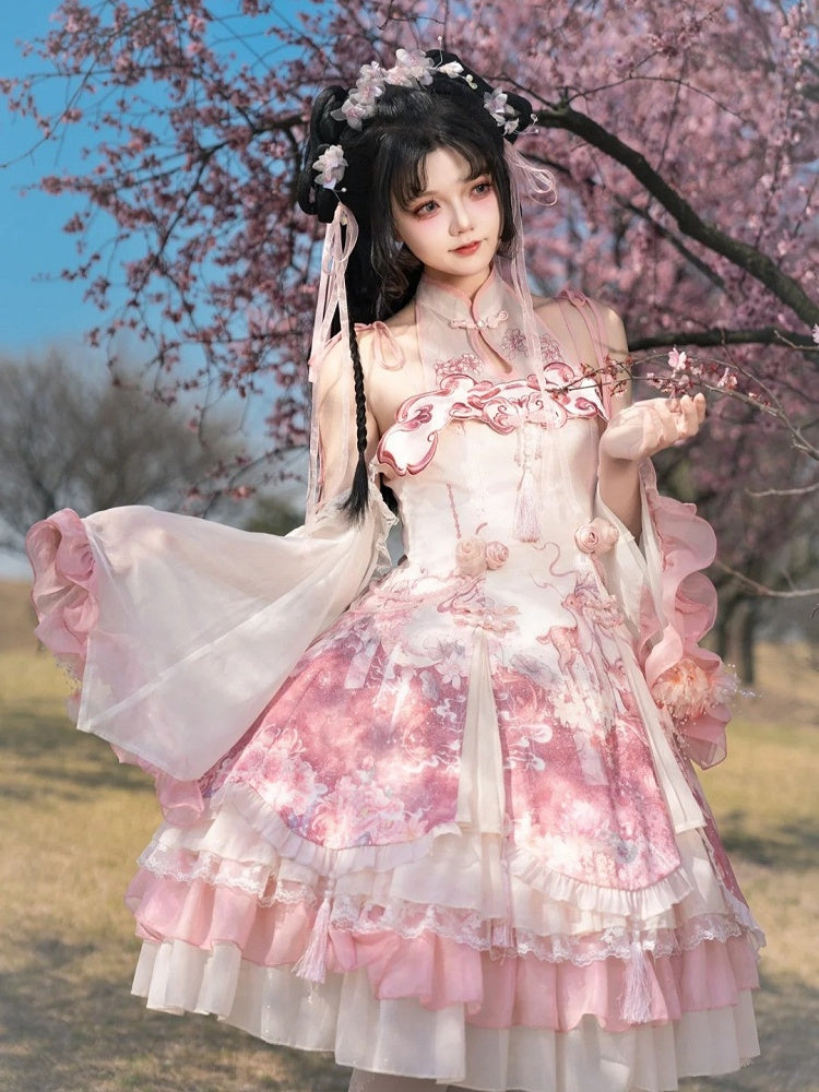 Cheongsam Print Jumper Full Style Rock Lolita Sakura Set Kleid Qi Pink