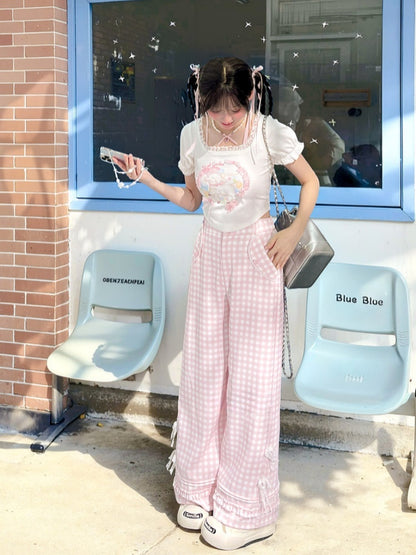 ピンクチェック柄ハイウエストレースリボンワイドレッグパンツ（レギュラー/ショート）