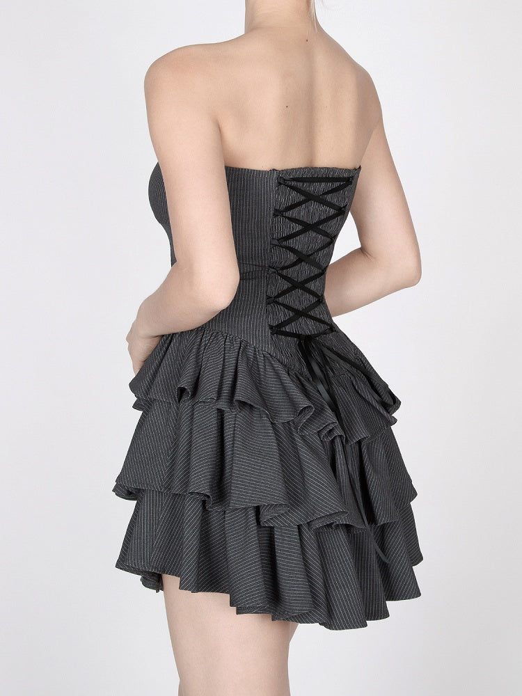 Dark Gray Striped Tiered Ruffles Mini Skirt Strapless Dress
