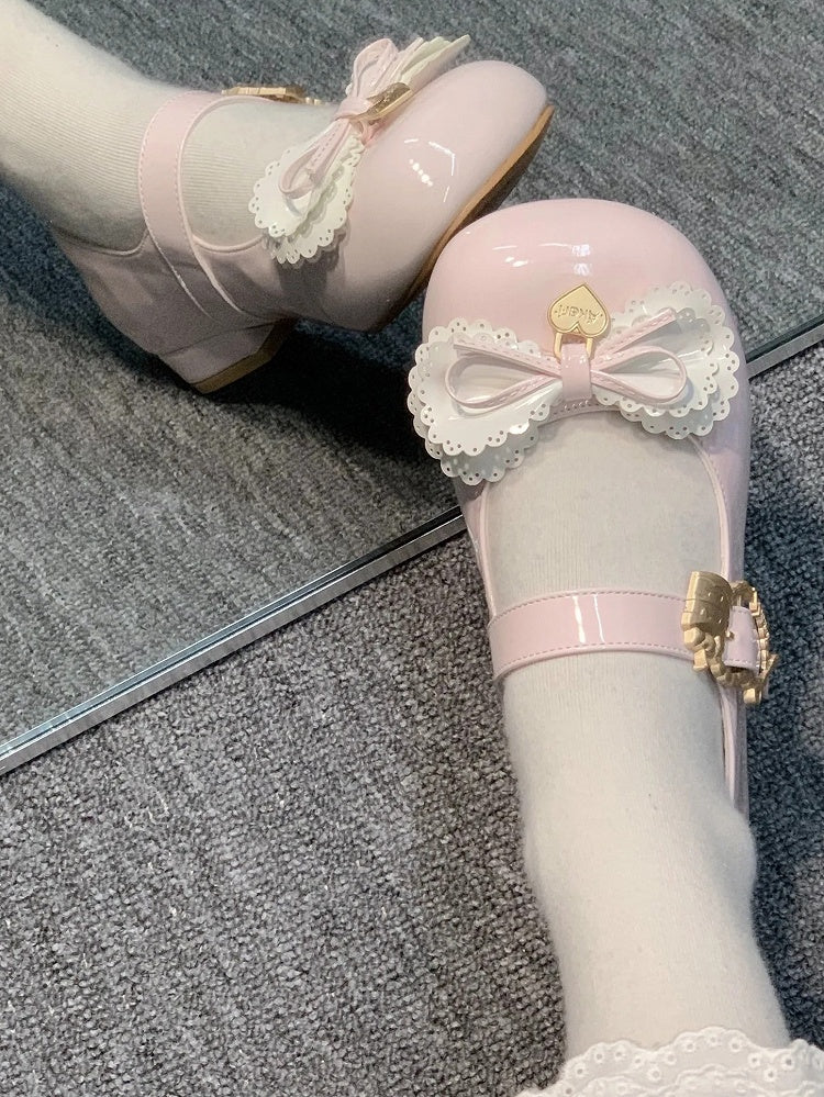 Multi-layer Cake Bows Light Pink Buckle Low Heels with Sweet