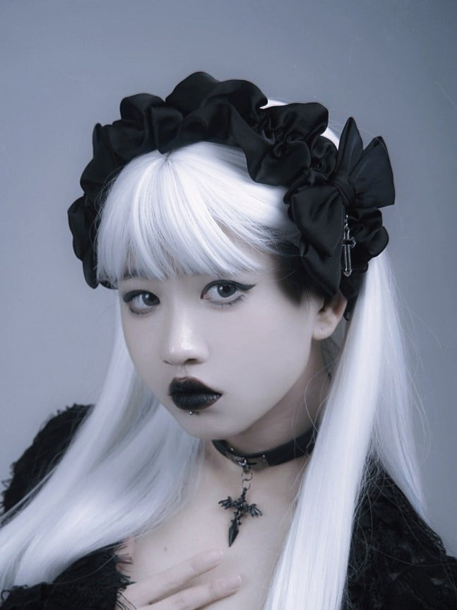 Black Ruffled KC Headpiece with Cross Pendant - Strange Sugar